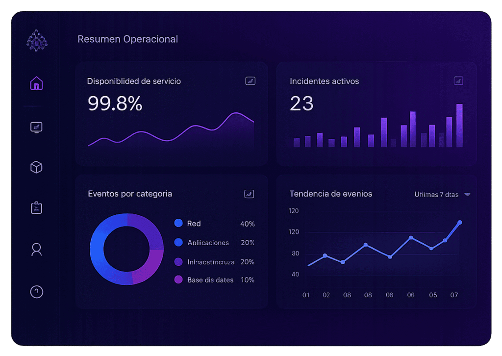 Dashboard operativo de MADTECH para monitoreo de infraestructura, disponibilidad del servicio, incidentes y analítica tecnológica en LATAM.